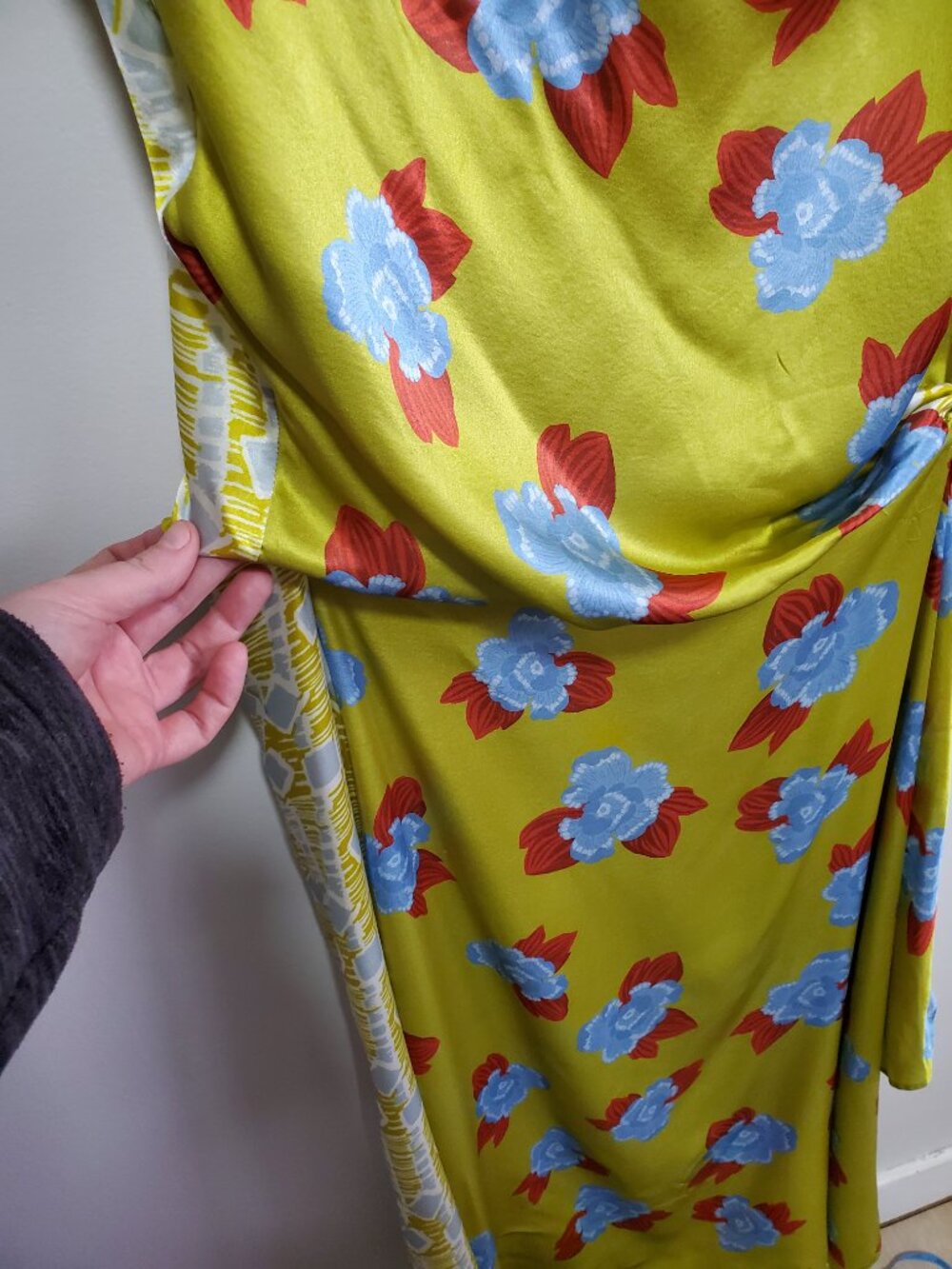 Zara One-Shoulder Floral Maxi Dress in Lime Green with Blue and Red Accents - Picture 6 of 14